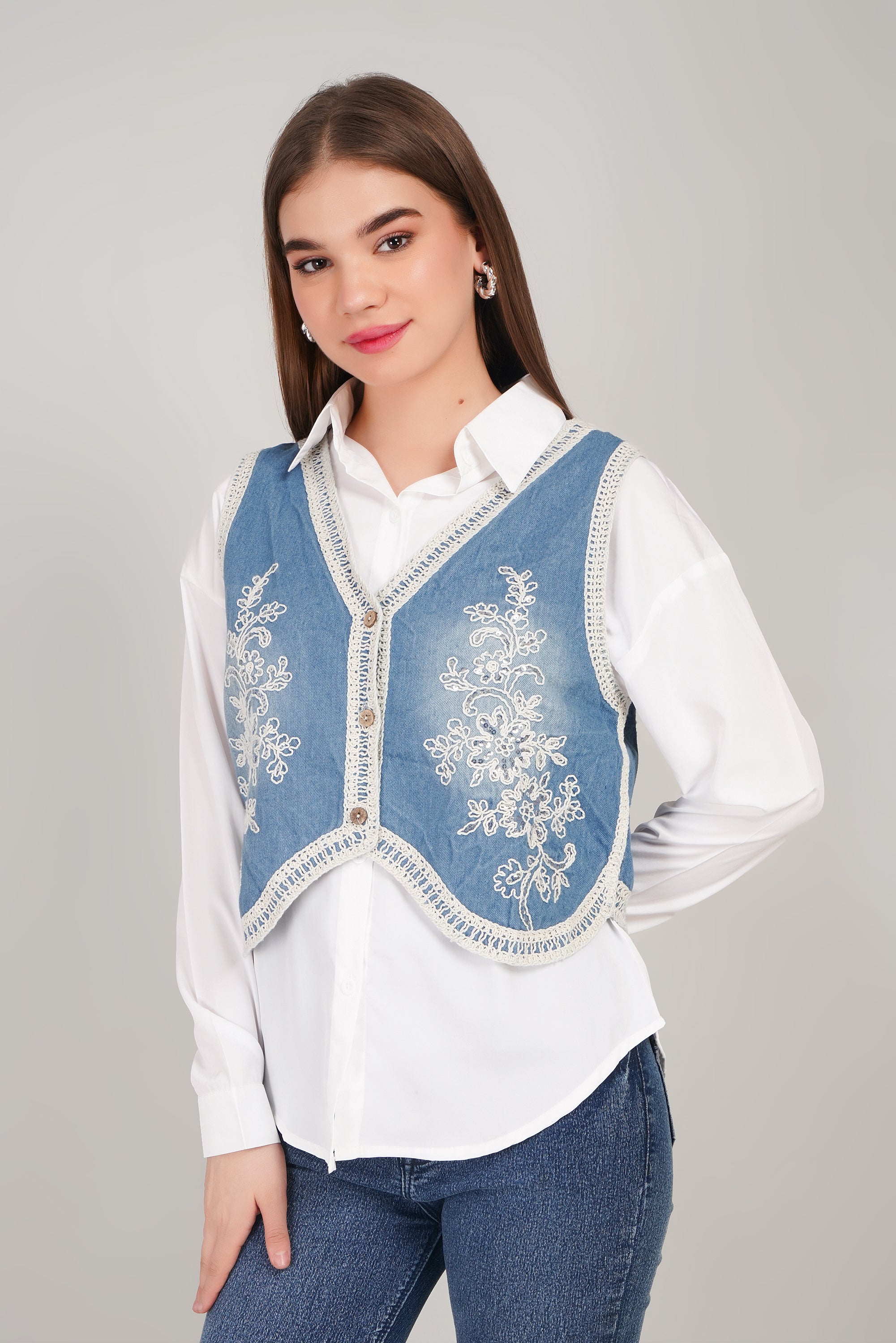 Denim Embroidered Jacket with Shirt
