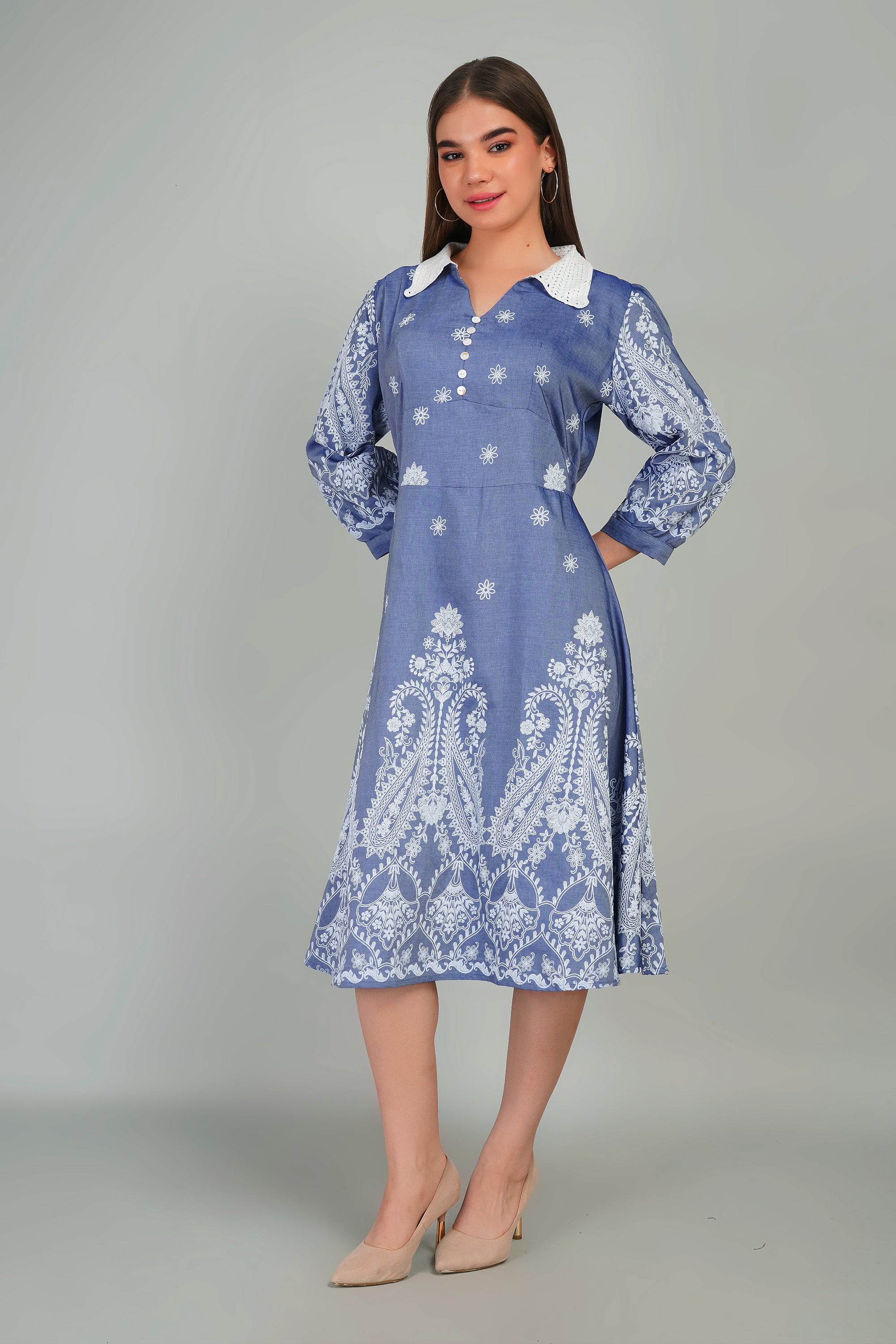 Denim Dress with Khadi Print