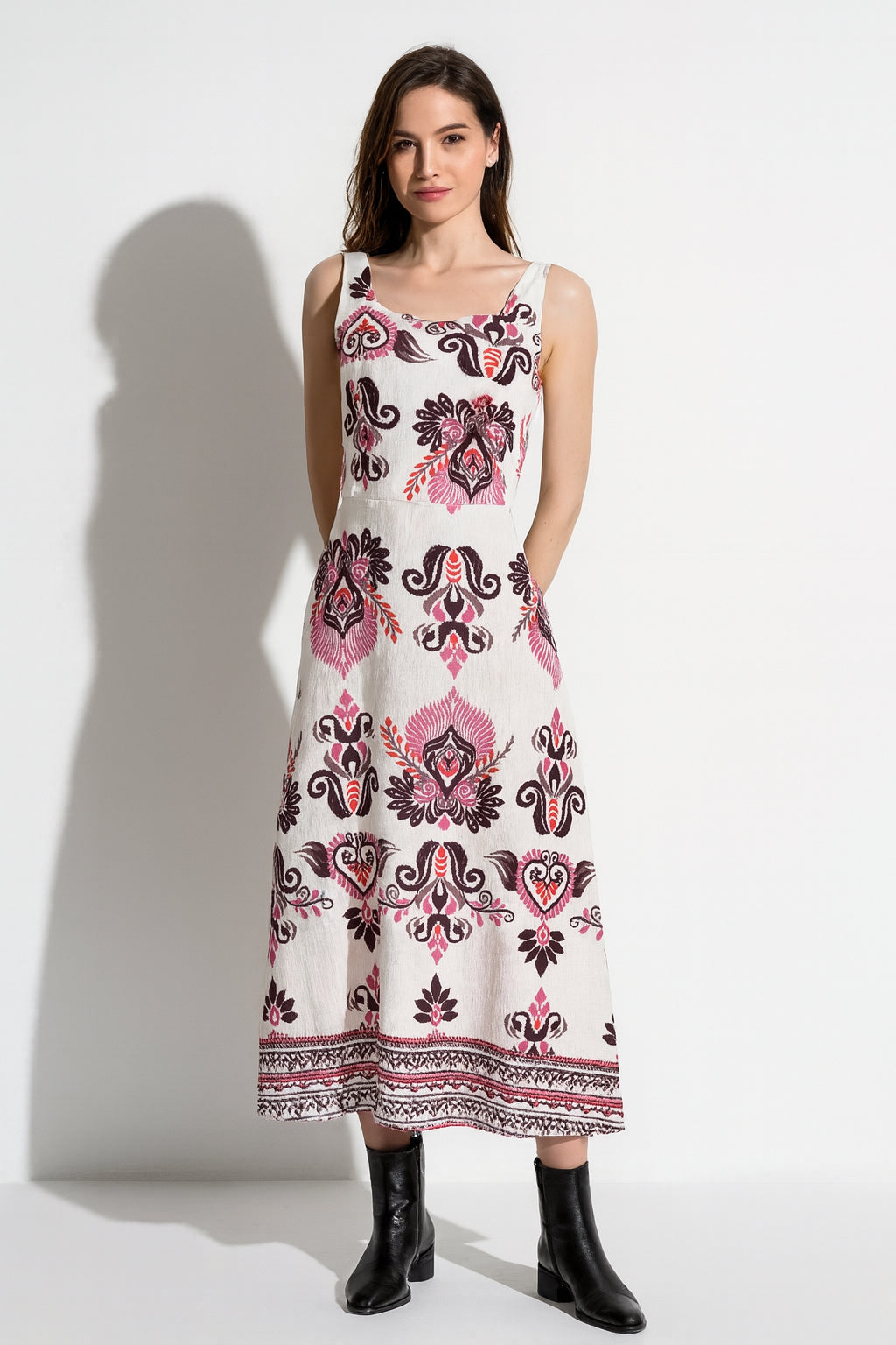 Cotton Sleeveless Dress with Border Print