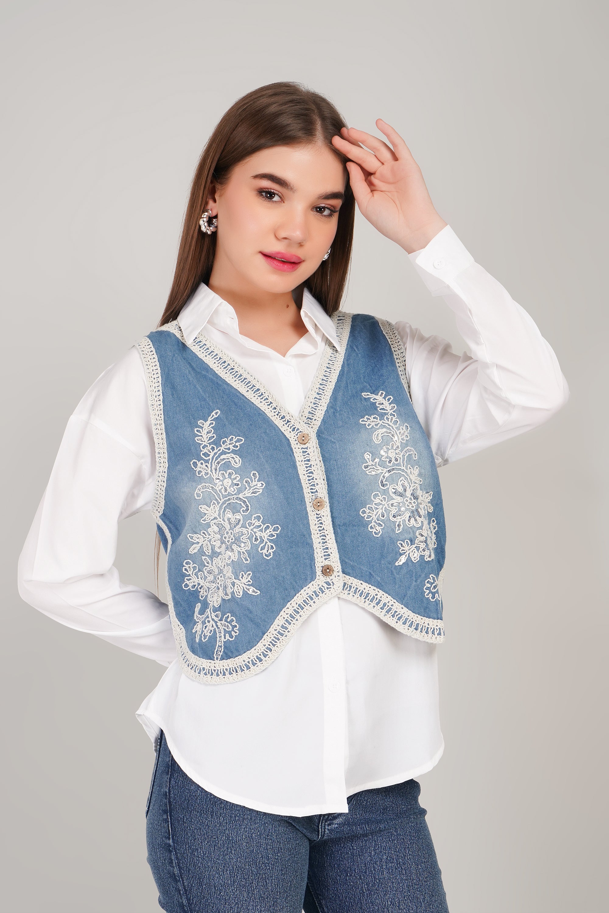 Denim Embroidered Jacket with Shirt