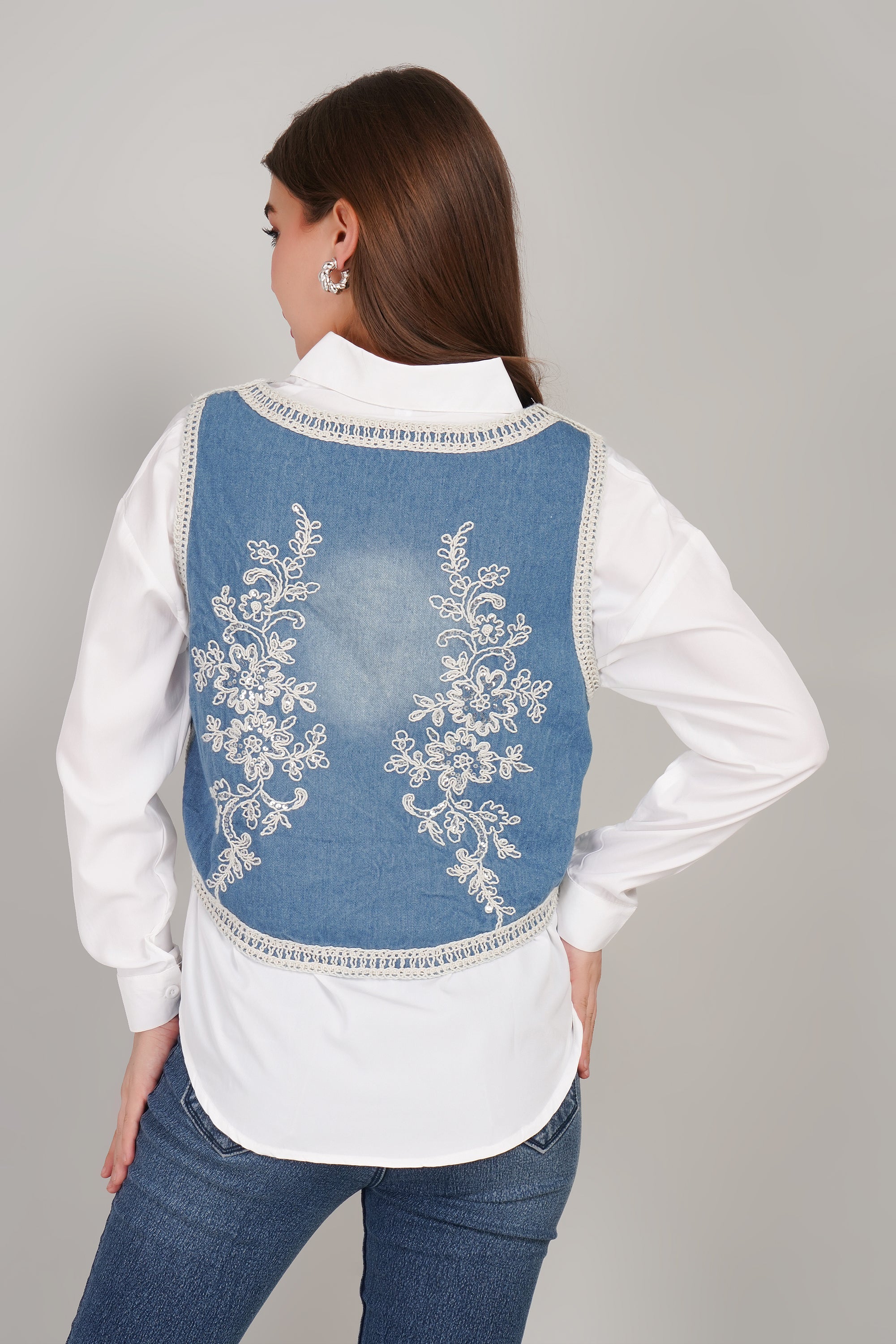Denim Embroidered Jacket with Shirt