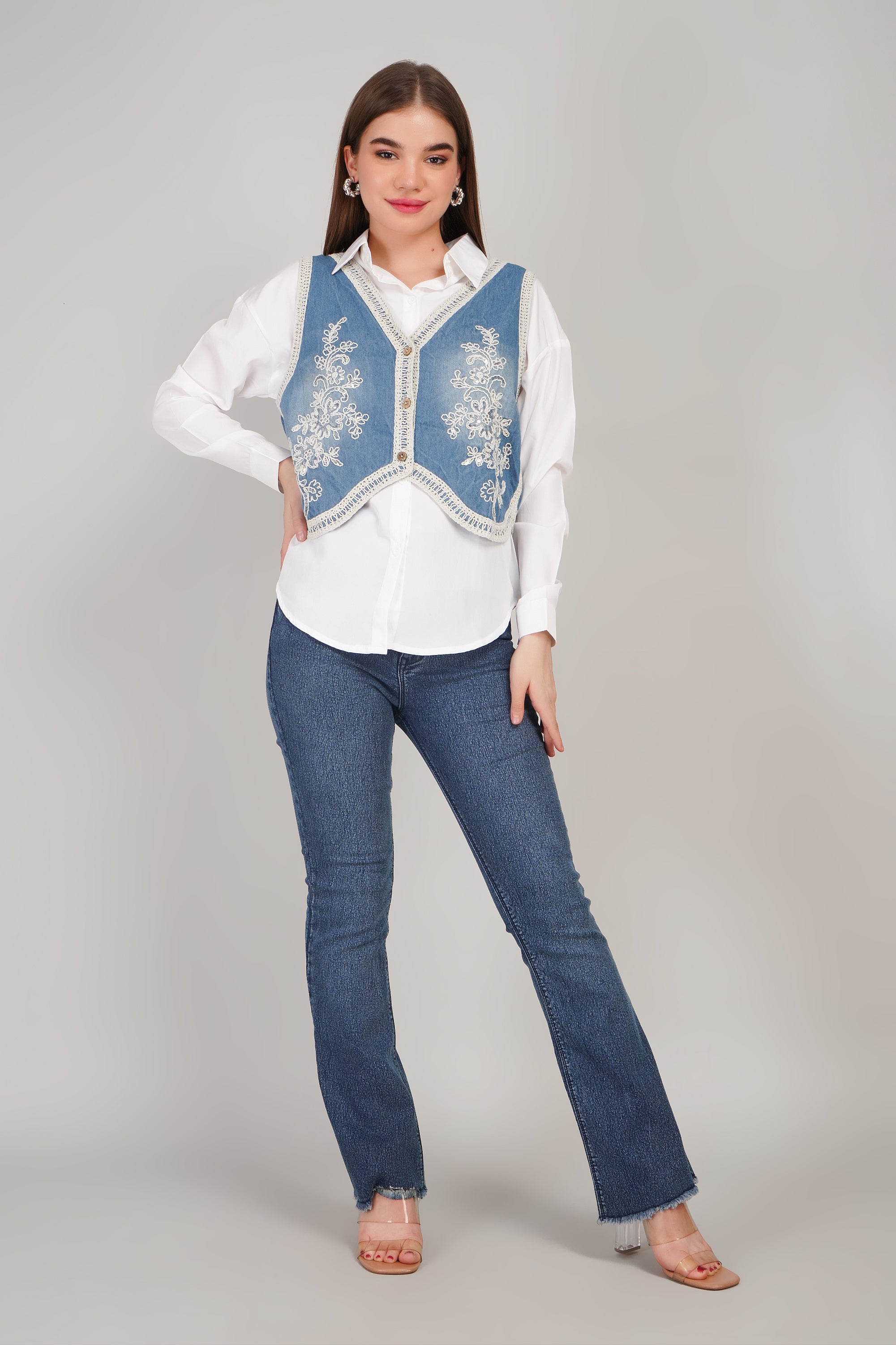 Denim Embroidered Jacket with Shirt