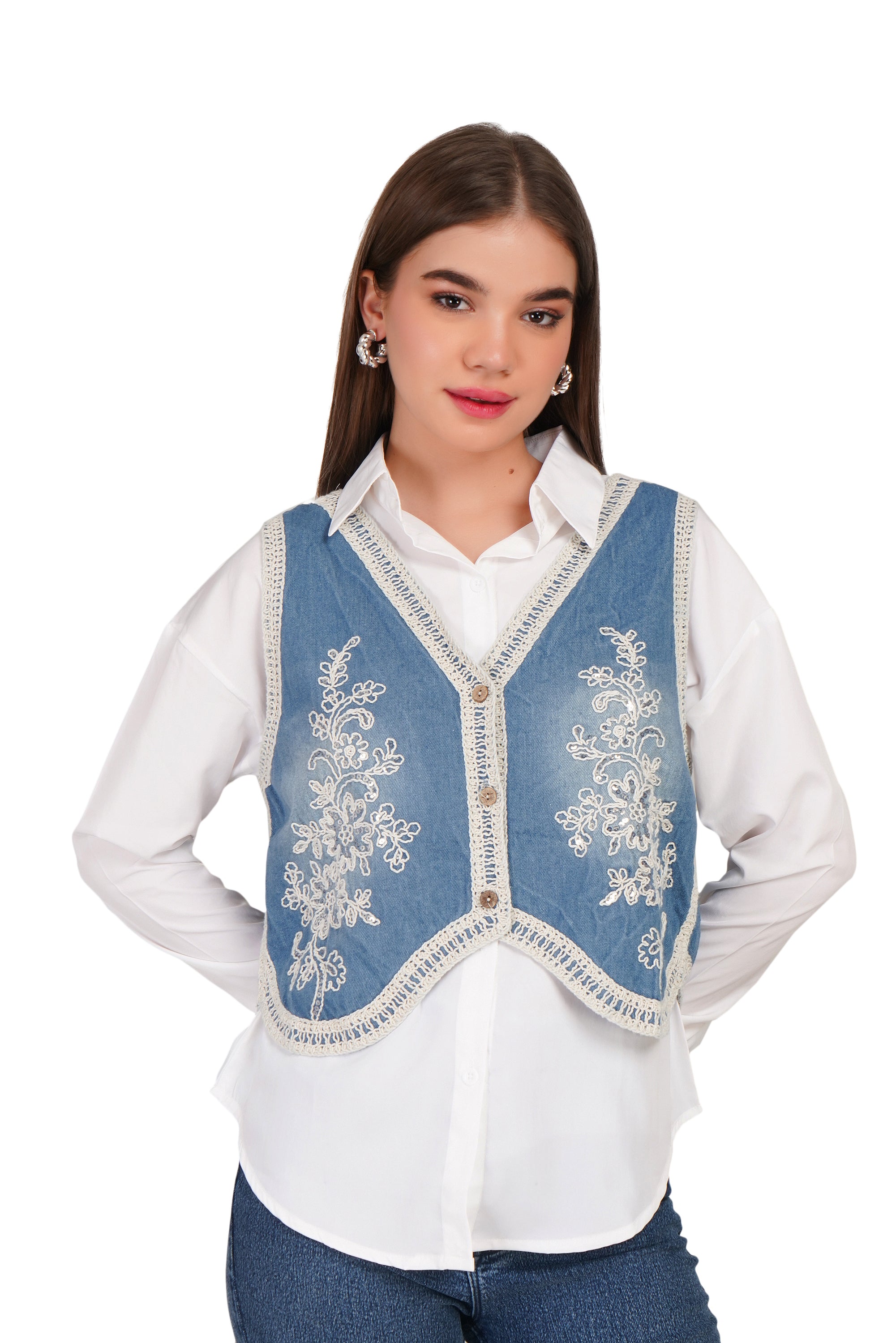 Denim Embroidered Jacket with Shirt