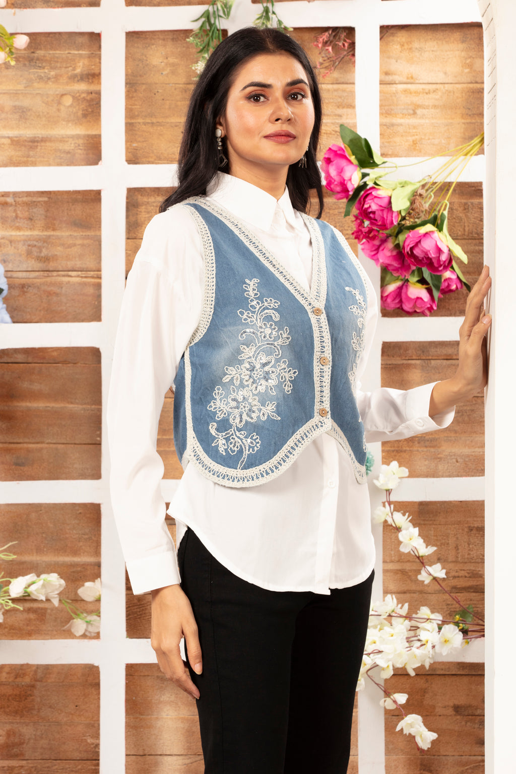 Denim Embroidered Jacket with Shirt