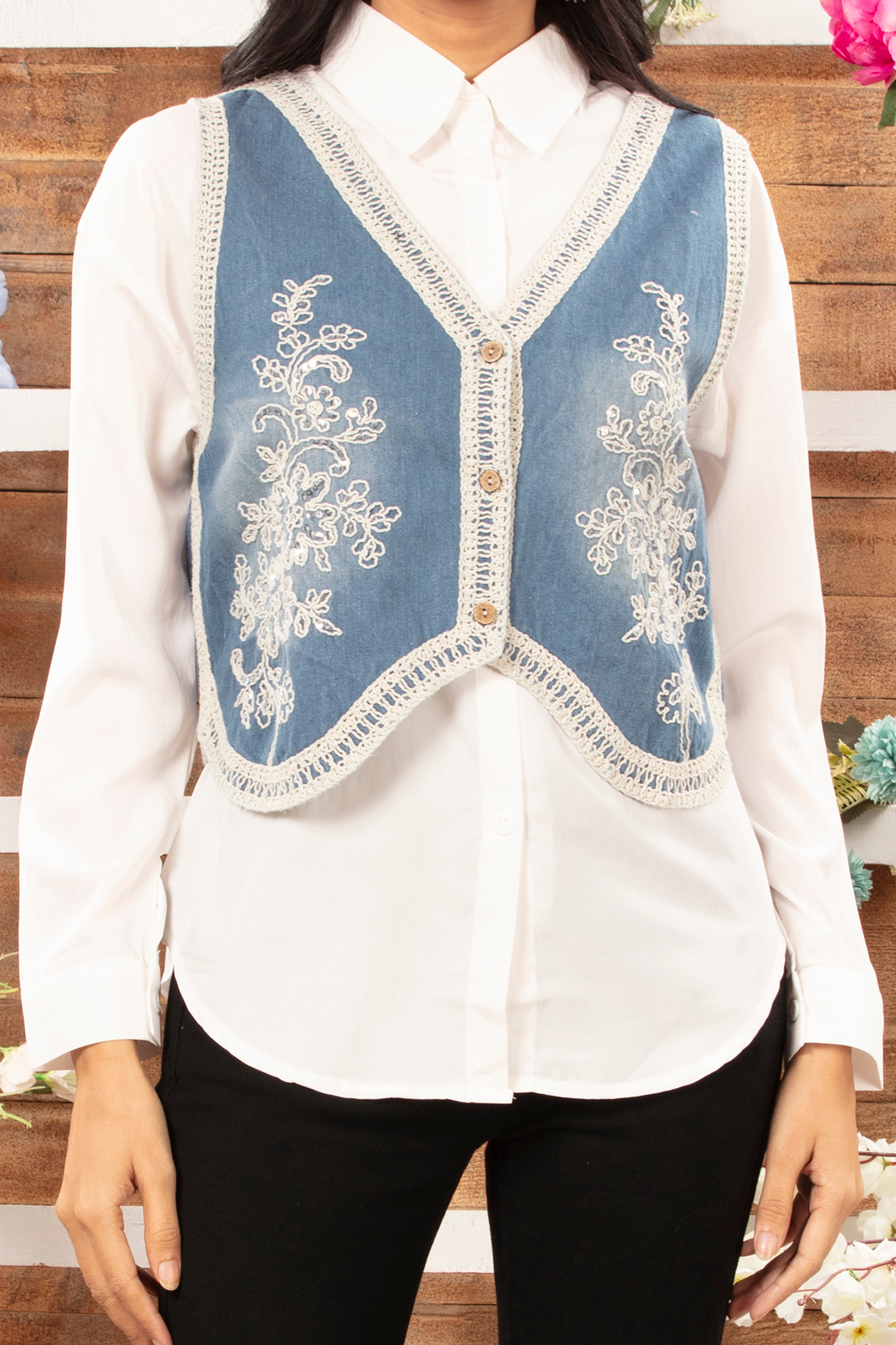 Denim Embroidered Jacket with Shirt
