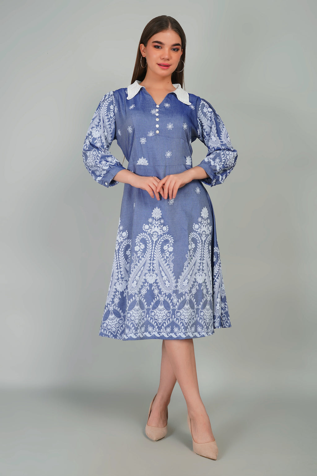 Denim Dress with Khadi Print