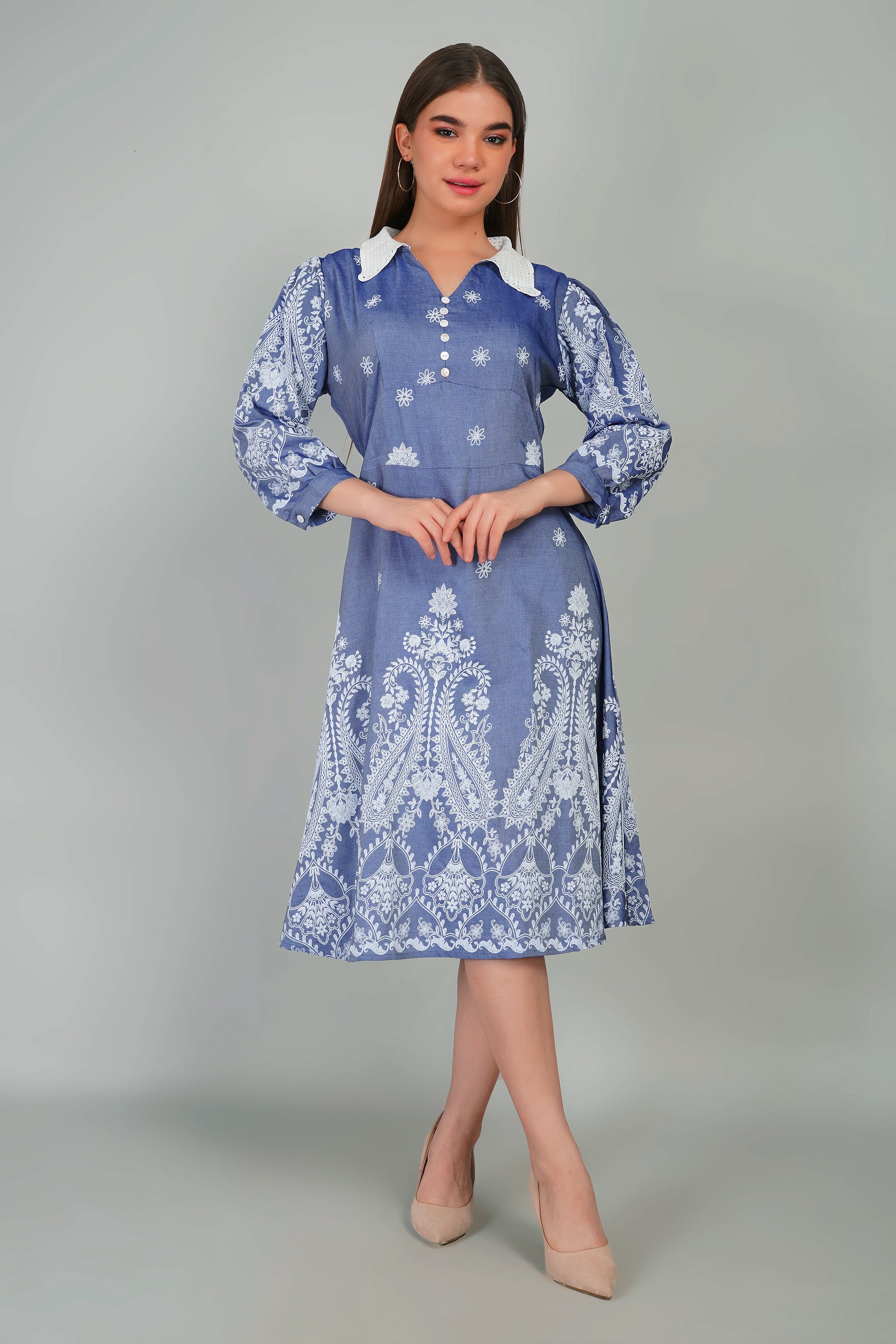 Denim Dress with Khadi Print