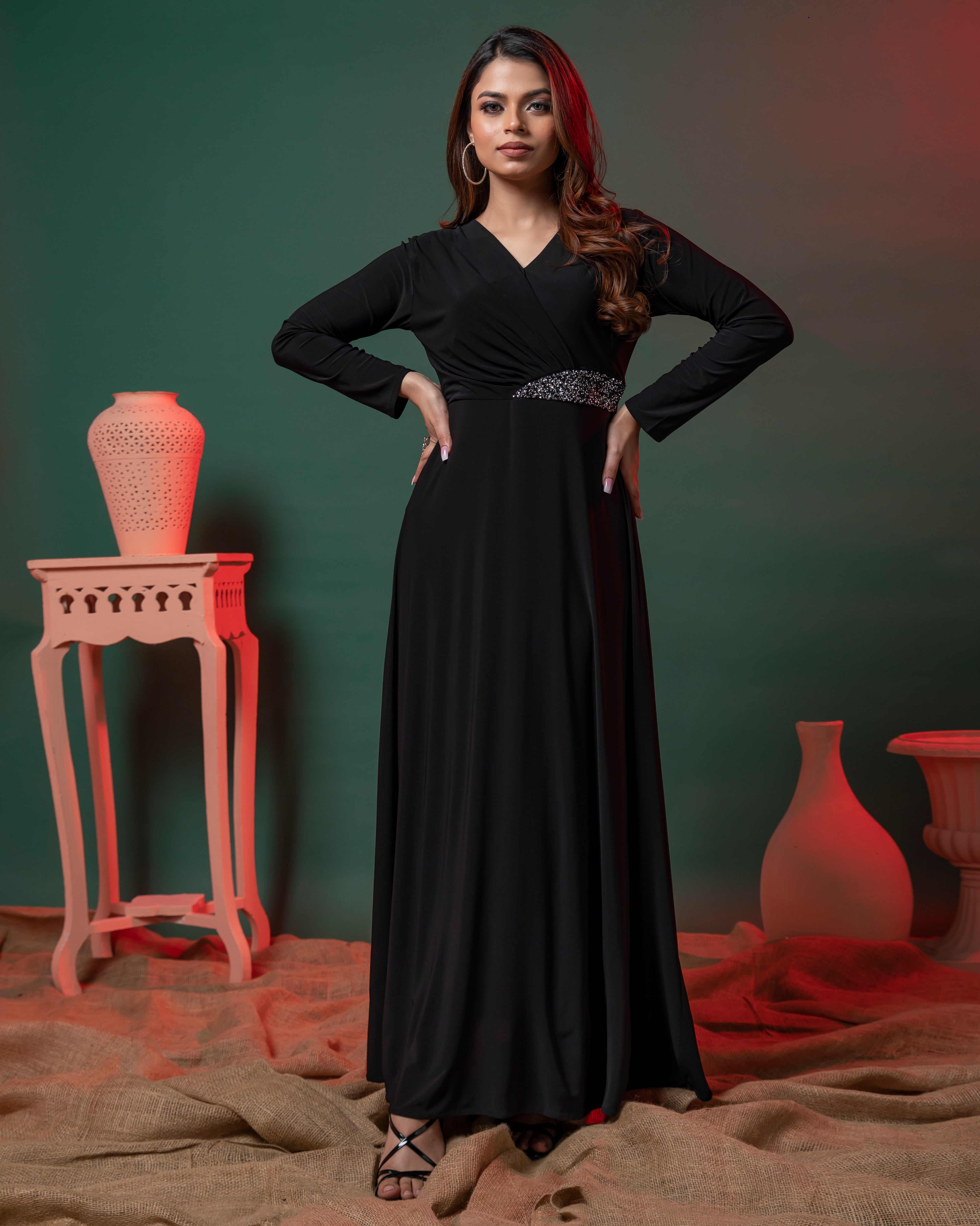 Full Sleeve V Neck Fit & Flare Partywear Bodycon Long Dress