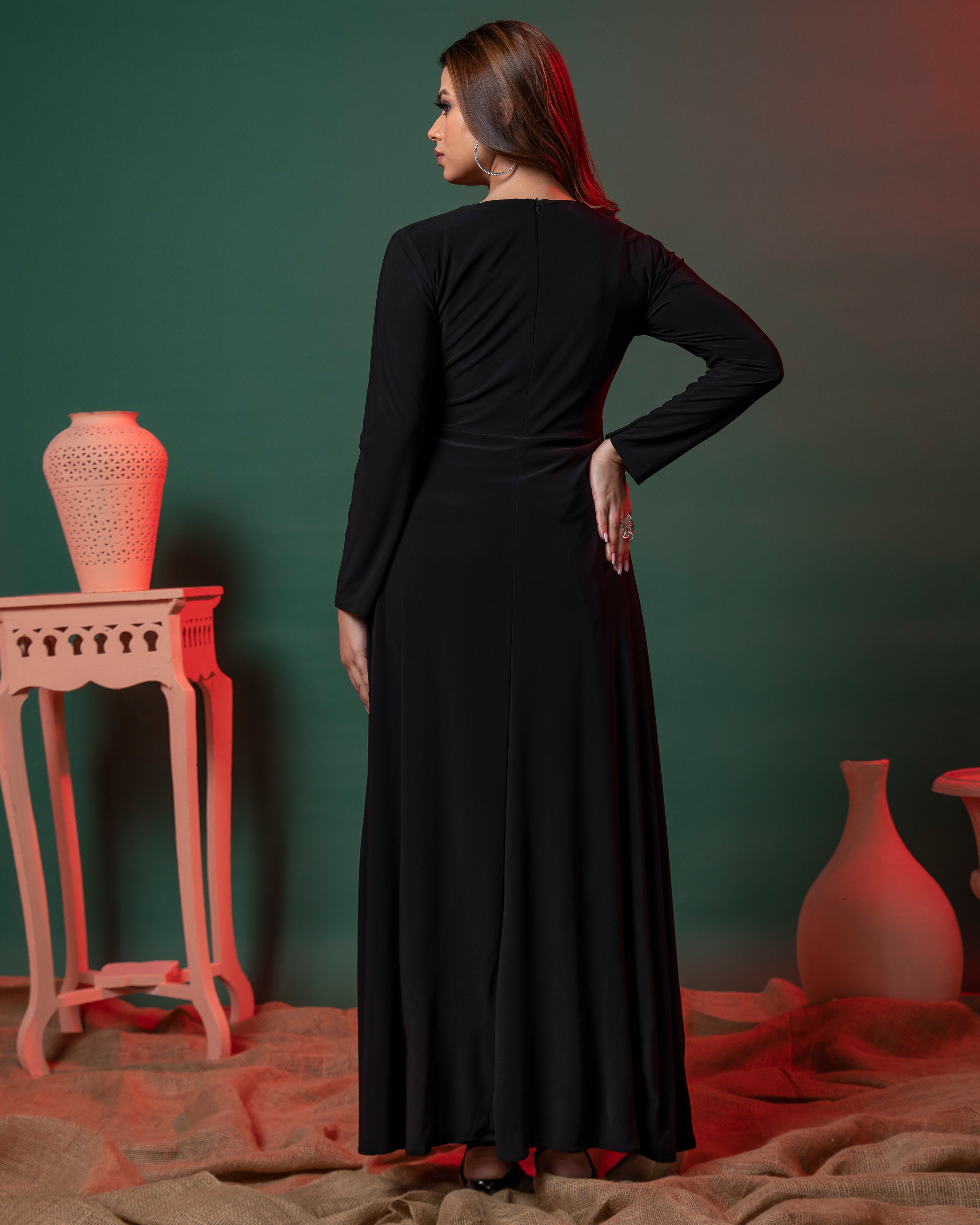 Full Sleeve V Neck Fit & Flare Partywear Bodycon Long Dress