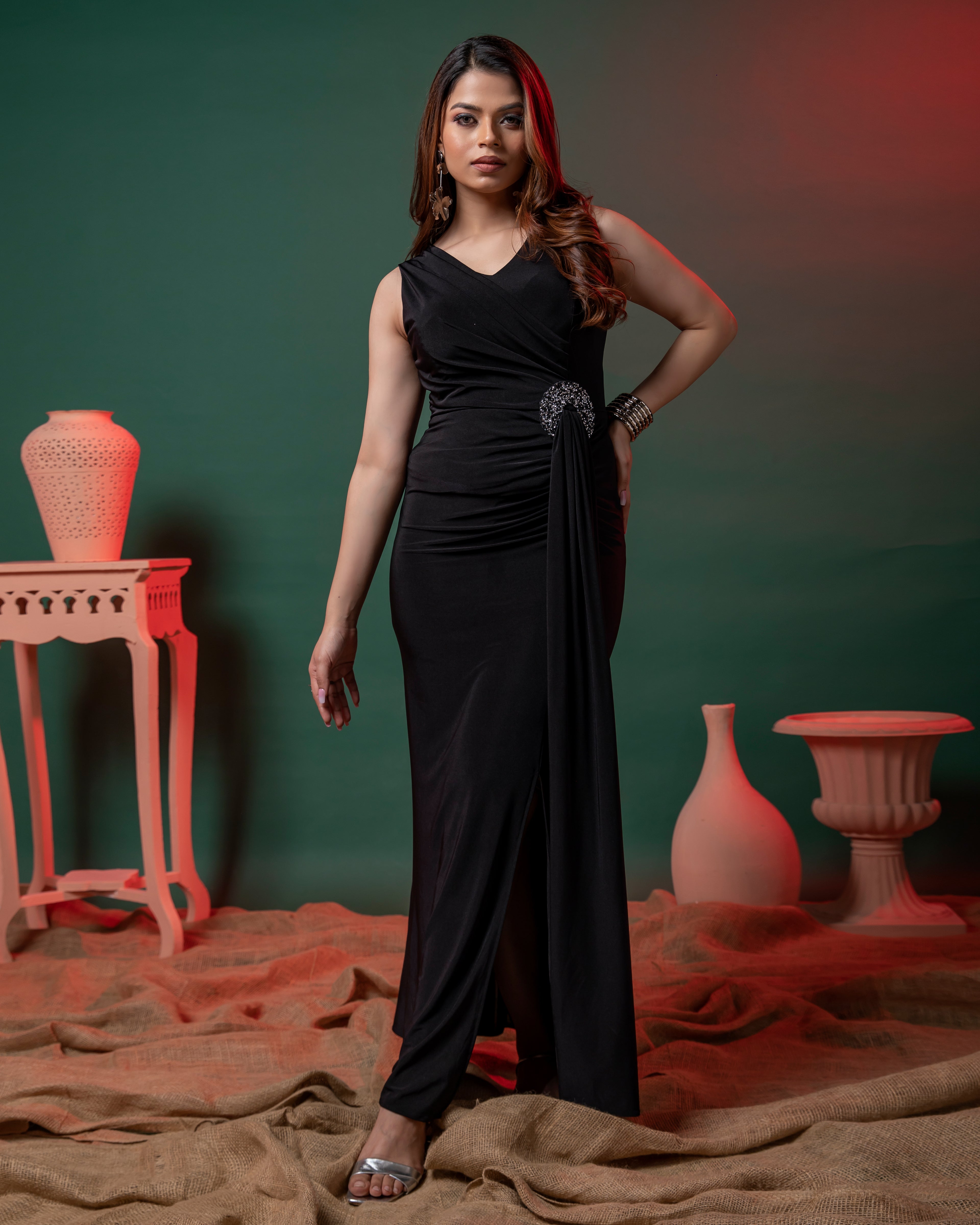 Fit & Flare Partywear Bodycon Long Dress With Front Slit