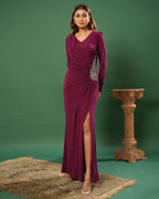 Full Sleeve V Neck Fit & Flare Long Partywear Gown Bodycon  Plus Size Long Dress Burgundy