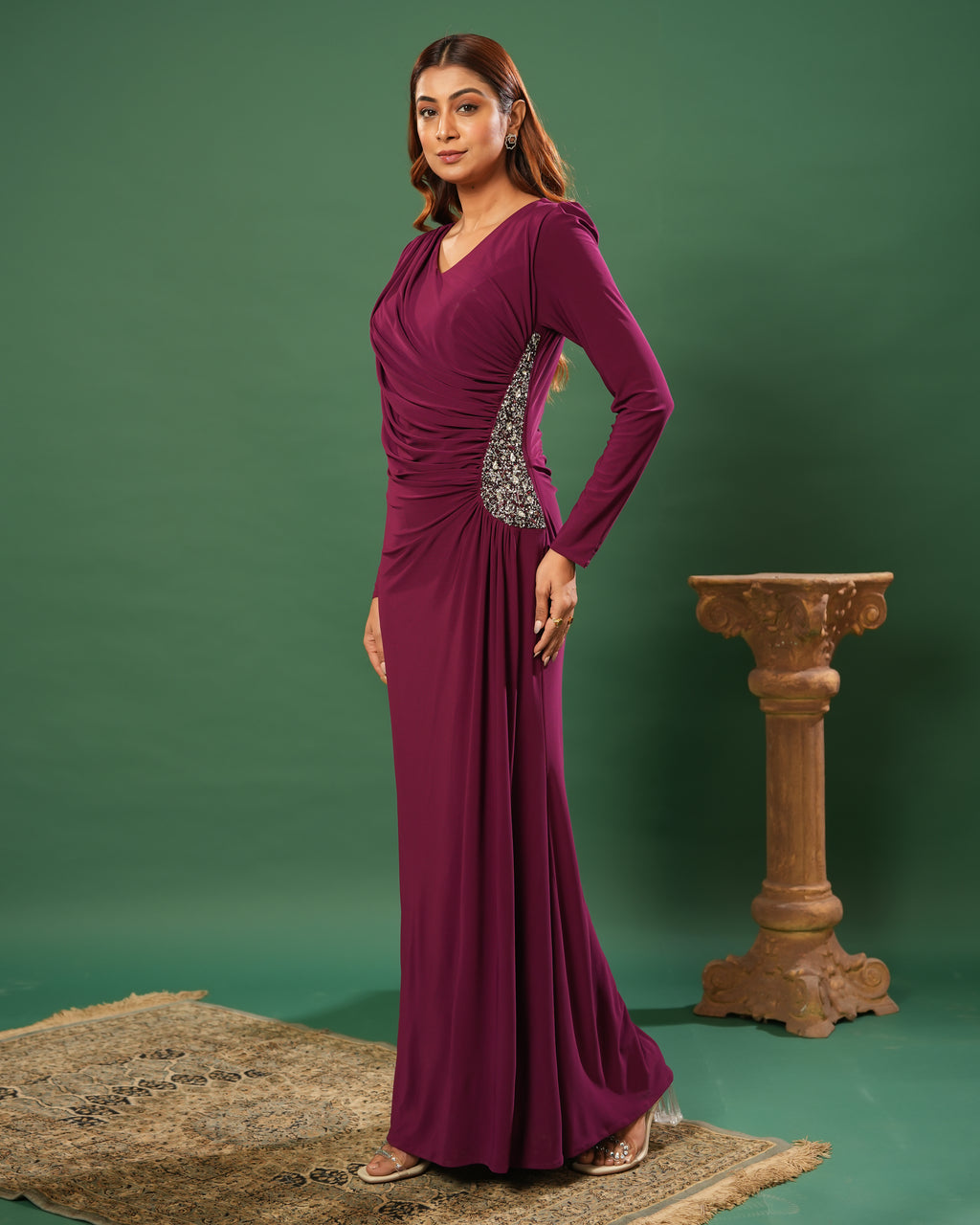 Full Sleeve V Neck Fit & Flare Long Partywear Gown Bodycon  Plus Size Long Dress Burgundy