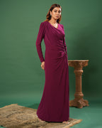 Full Sleeve V Neck Fit & Flare Long Partywear Gown Bodycon  Plus Size Long Dress Burgundy