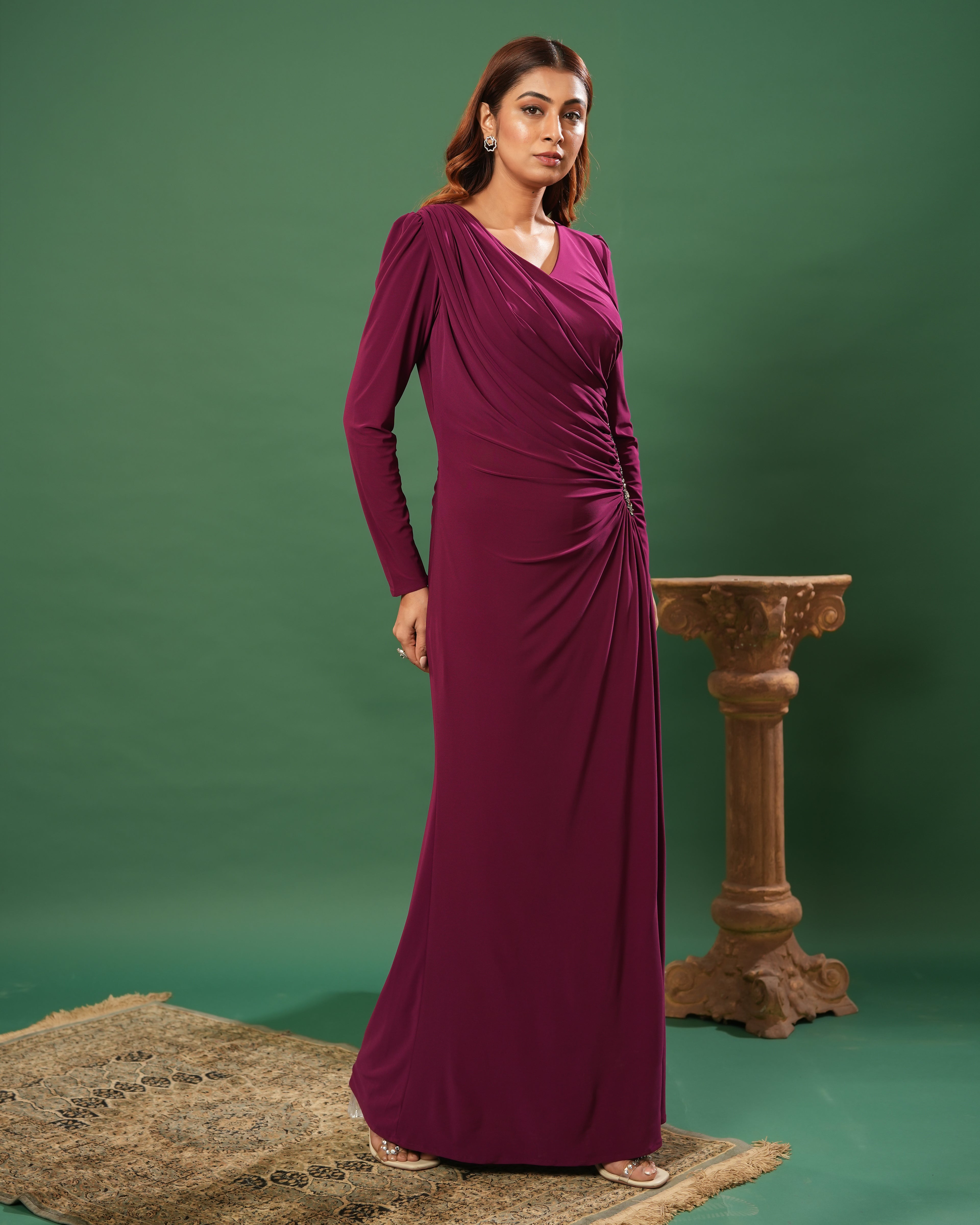 Full Sleeve V Neck Fit & Flare Long Partywear Gown Bodycon  Plus Size Long Dress Burgundy