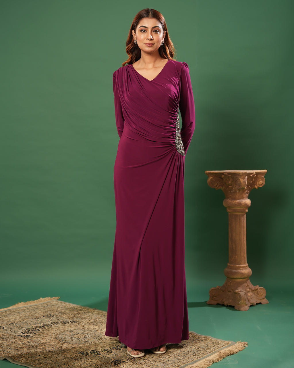 Full Sleeve V Neck Fit & Flare Long Partywear Gown Bodycon  Plus Size Long Dress Burgundy