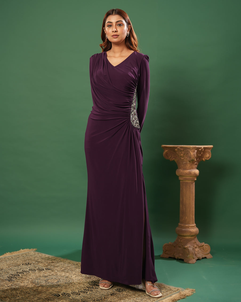 Full Sleeve V Neck Fit & Flare Long Partywear Gown Bodycon  Plus Size Long Dress Dark Wine