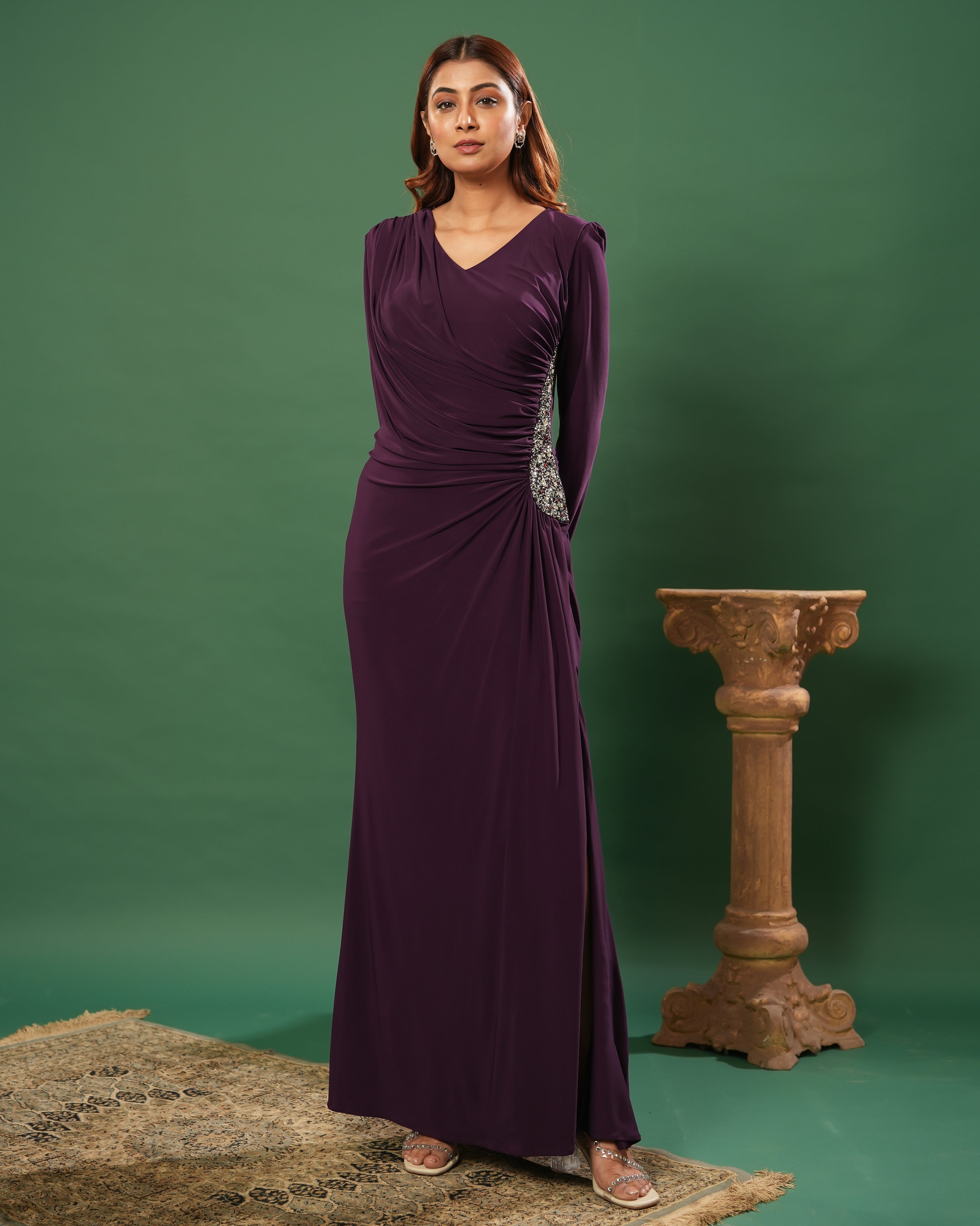 Full Sleeve V Neck Fit & Flare Long Partywear Gown Bodycon  Plus Size Long Dress Dark Wine