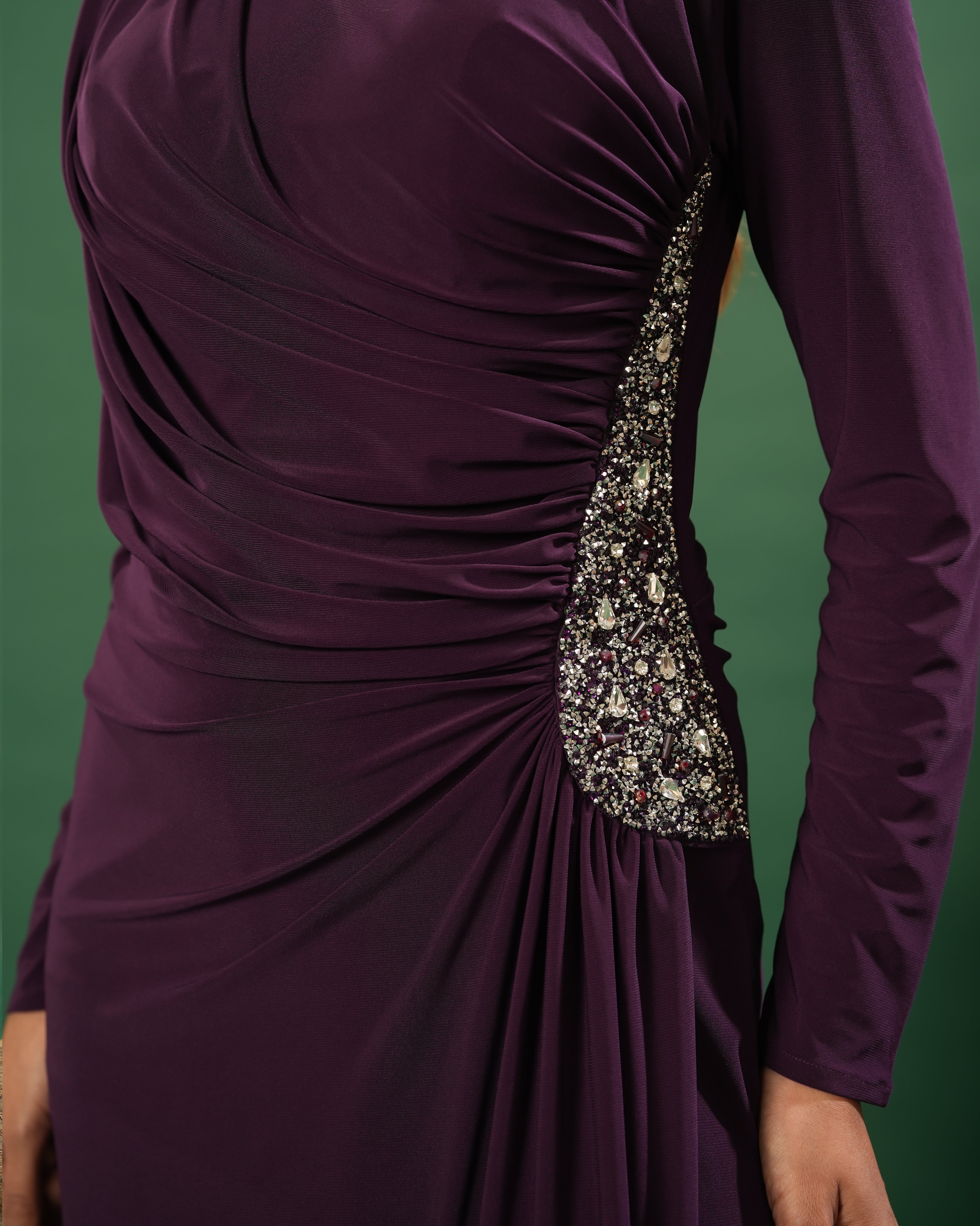 Full Sleeve V Neck Fit & Flare Long Partywear Gown Bodycon  Plus Size Long Dress Dark Wine