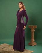 Full Sleeve V Neck Fit & Flare Long Partywear Gown Bodycon  Plus Size Long Dress Dark Wine