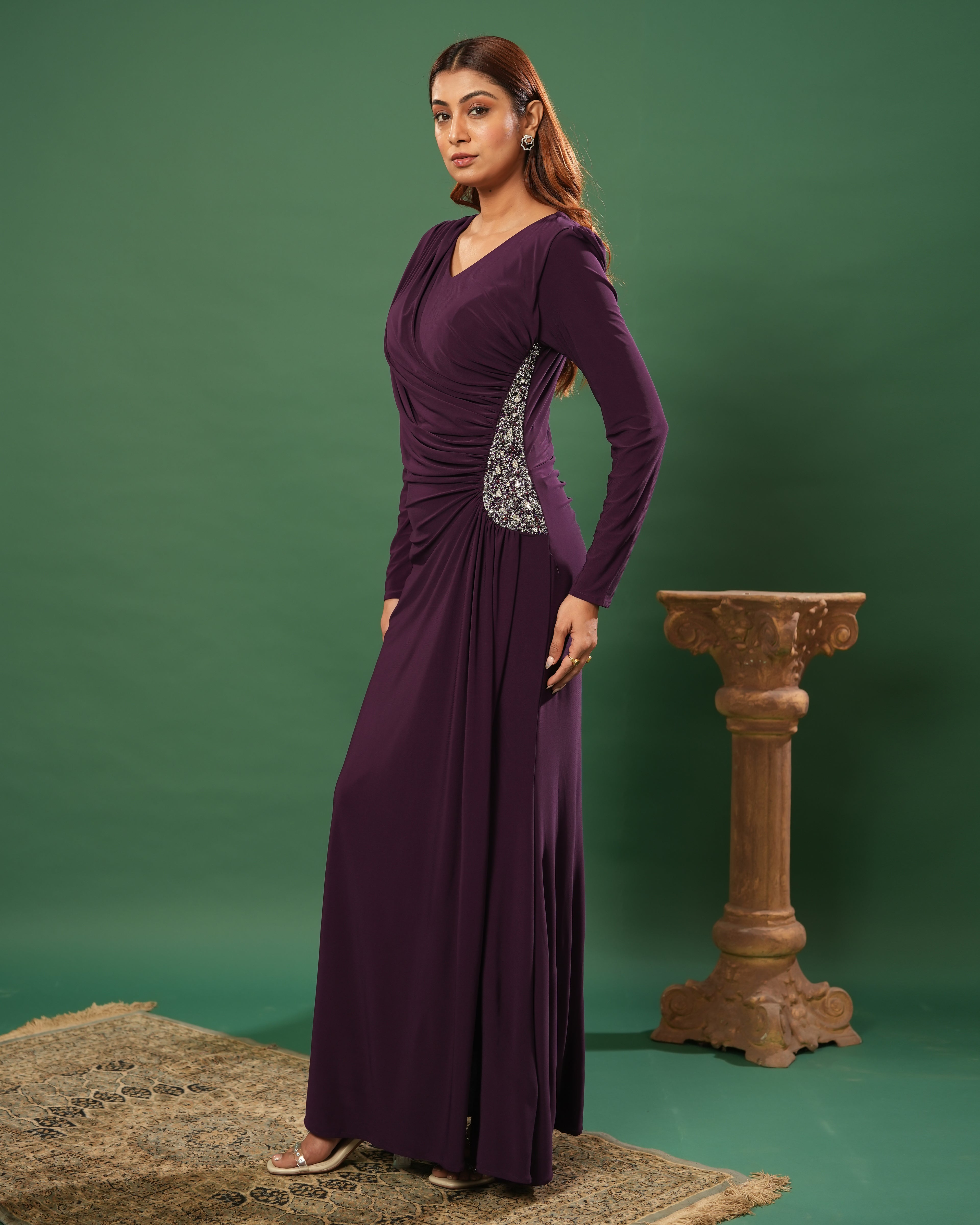 Full Sleeve V Neck Fit & Flare Long Partywear Gown Bodycon  Plus Size Long Dress Dark Wine