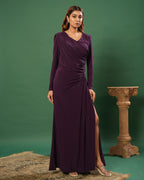 Full Sleeve V Neck Fit & Flare Long Partywear Gown Bodycon  Plus Size Long Dress Dark Wine