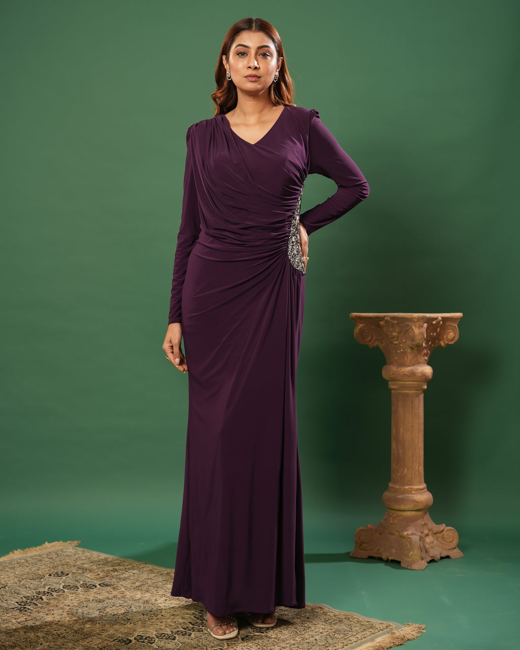 Full Sleeve V Neck Fit & Flare Long Partywear Gown Bodycon  Plus Size Long Dress Dark Wine