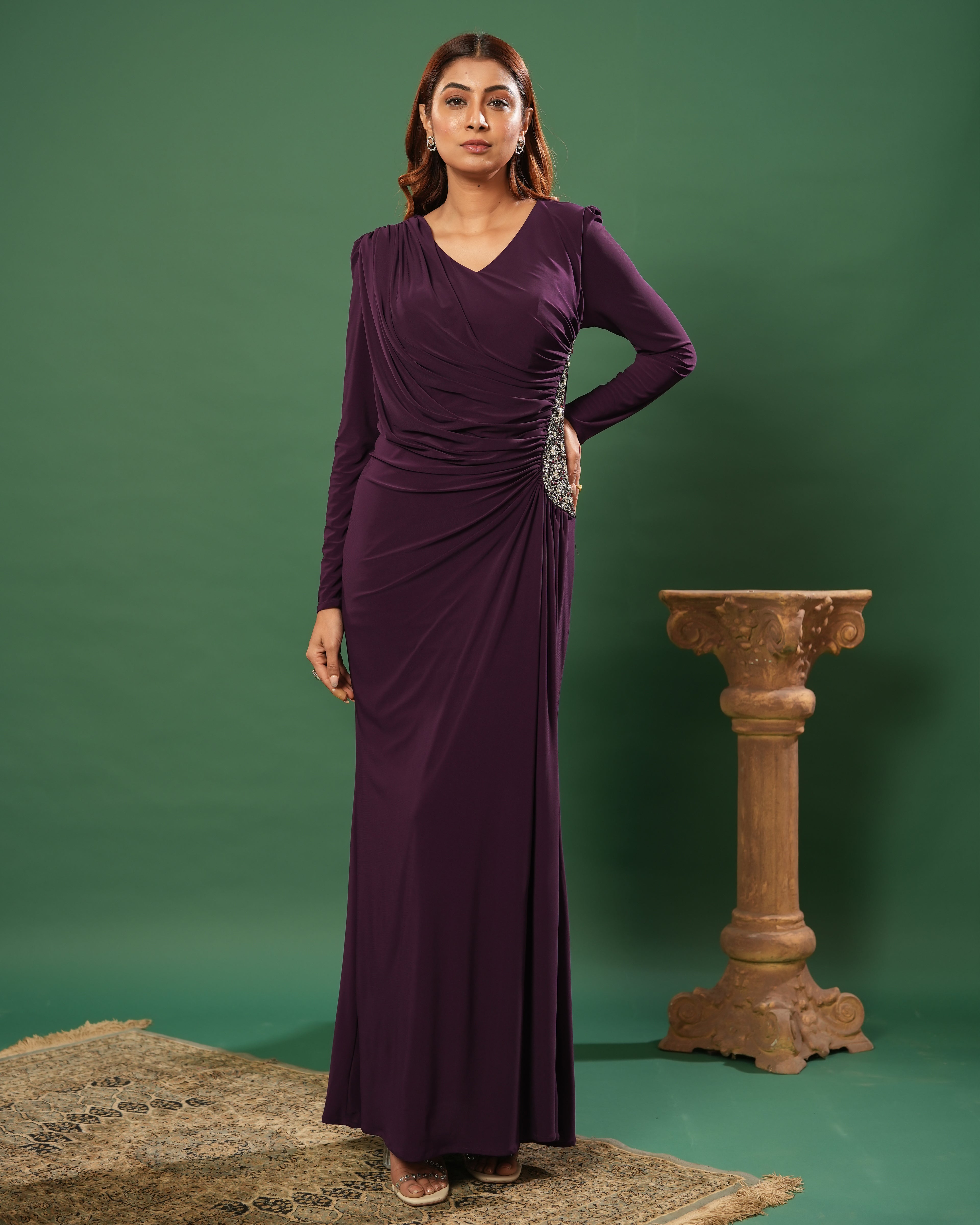 Full Sleeve V Neck Fit & Flare Long Partywear Gown Bodycon  Plus Size Long Dress Dark Wine