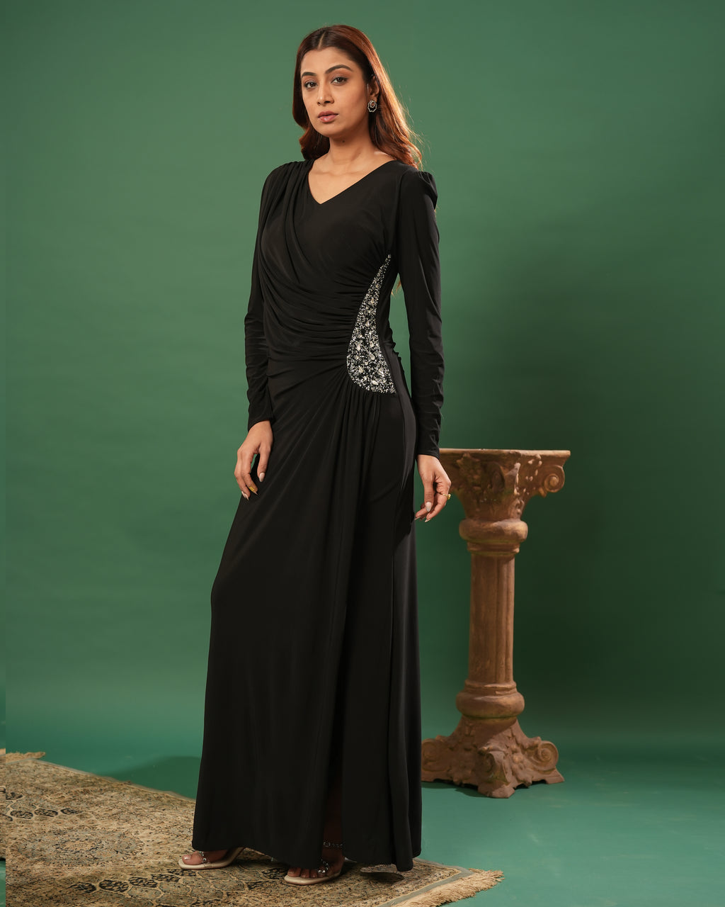 Full Sleeve V Neck Fit & Flare Long Partywear Gown Bodycon Plus Size Long Dress Black