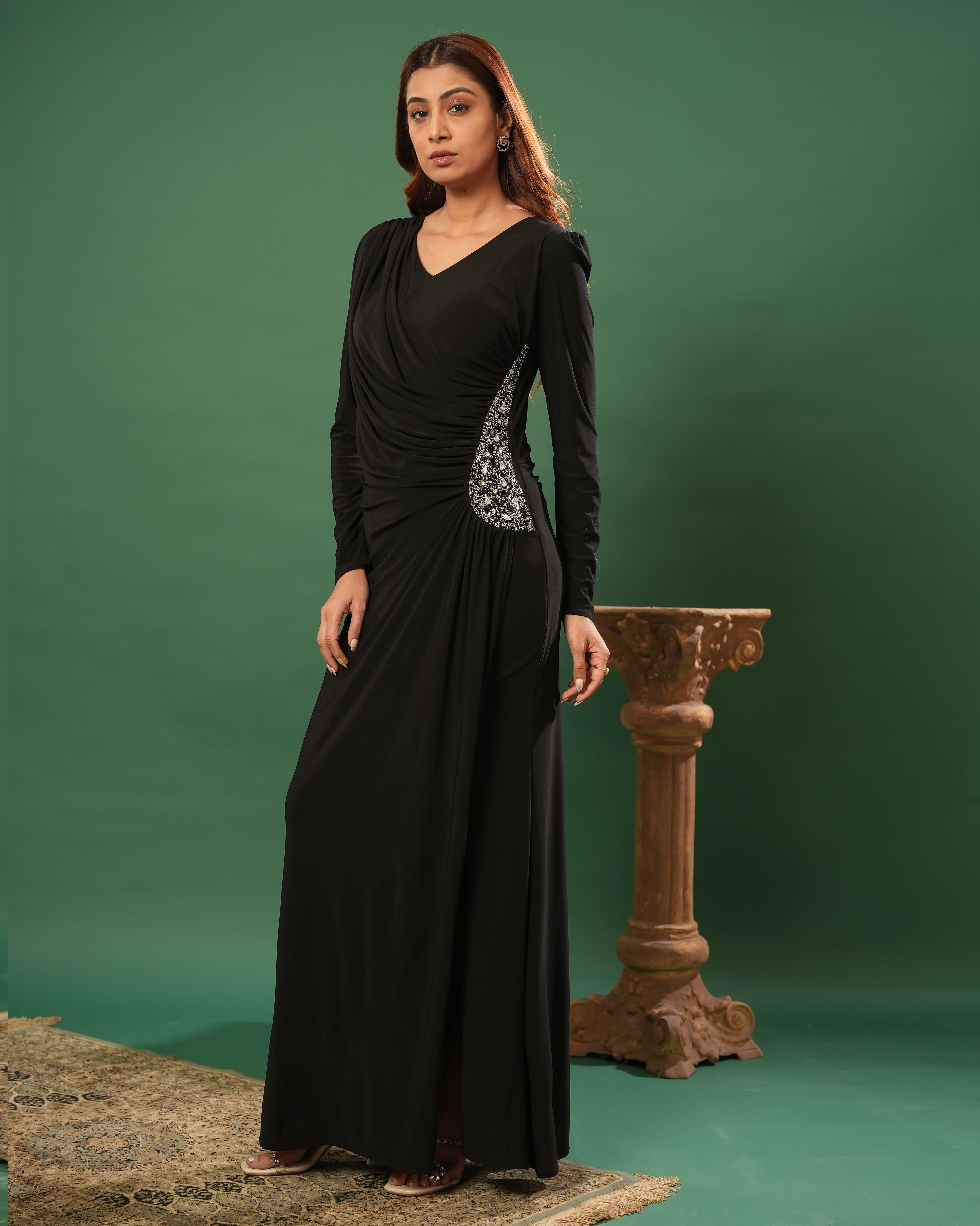 Full Sleeve V Neck Fit & Flare Long Partywear Gown Bodycon Plus Size Long Dress Black