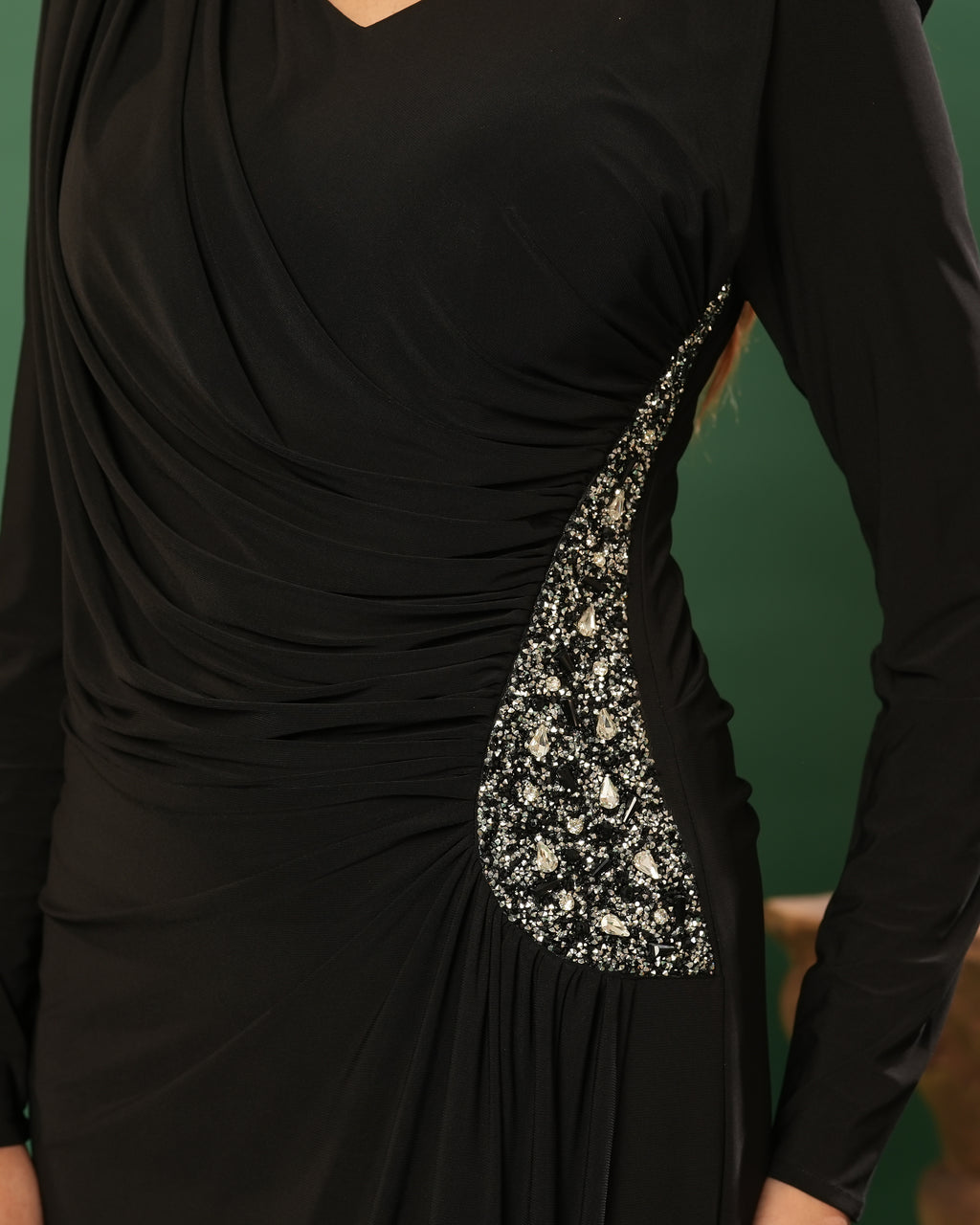 Full Sleeve V Neck Fit & Flare Long Partywear Gown Bodycon Plus Size Long Dress Black