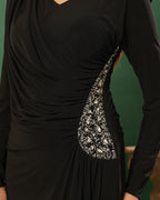 Full Sleeve V Neck Fit & Flare Long Partywear Gown Bodycon Plus Size Long Dress Black