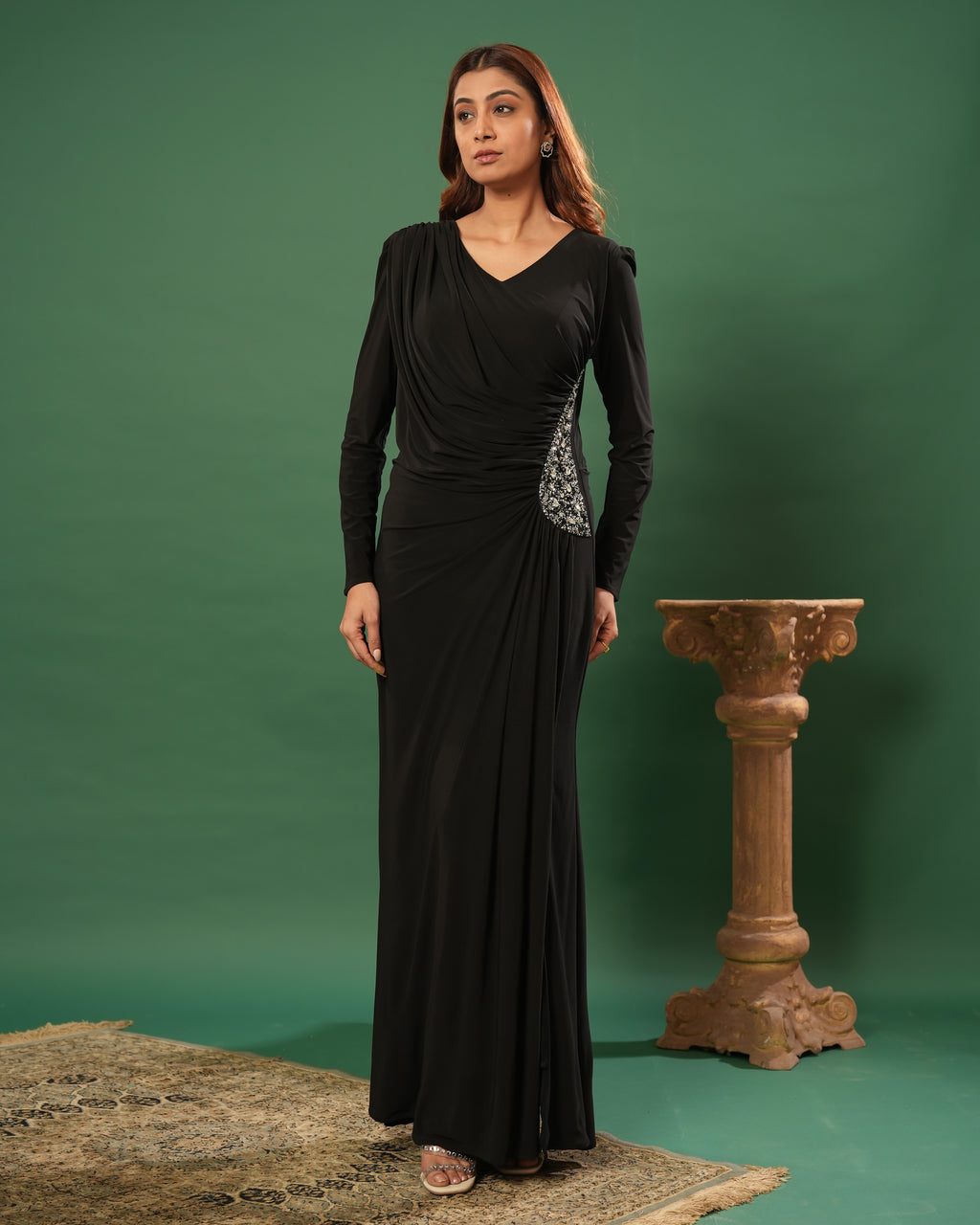 Full Sleeve V Neck Fit & Flare Long Partywear Gown Bodycon Plus Size Long Dress Black