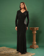 Full Sleeve V Neck Fit & Flare Long Partywear Gown Bodycon Plus Size Long Dress Black