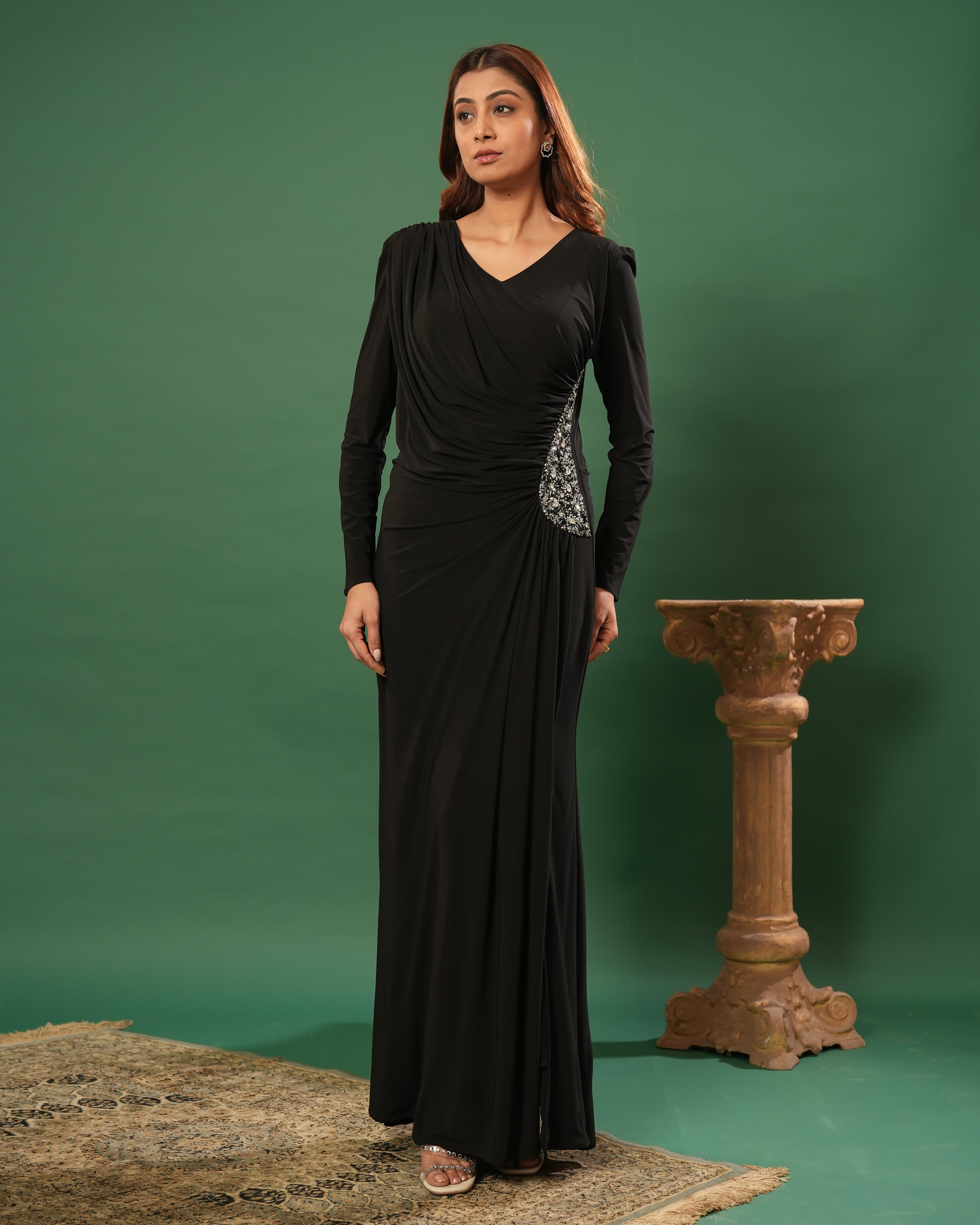 Full Sleeve V Neck Fit & Flare Long Partywear Gown Bodycon Plus Size Long Dress Black