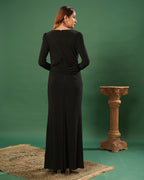 Full Sleeve V Neck Fit & Flare Long Partywear Gown Bodycon Plus Size Long Dress Black