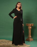 Full Sleeve V Neck Fit & Flare Long Partywear Gown Bodycon Plus Size Long Dress Black