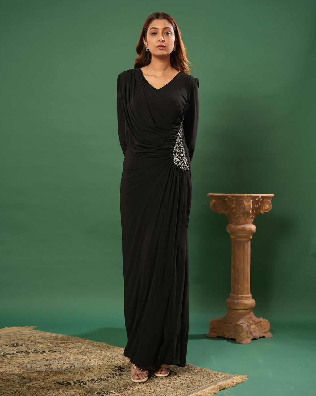 Full Sleeve V Neck Fit & Flare Long Partywear Gown Bodycon Plus Size Long Dress Black